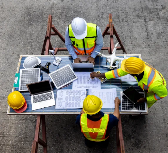 Projektteam bespricht technische Pläne auf einer Baustelle