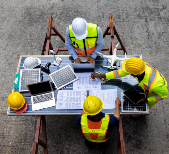 Projektteam bespricht technische Pläne auf einer Baustelle